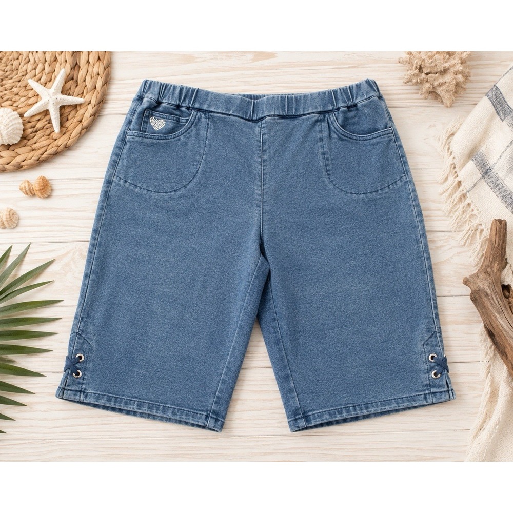 Quacker Factory DreamJeannes Blue Bermuda Shorts Rhinestone Heart Lace Up 2X